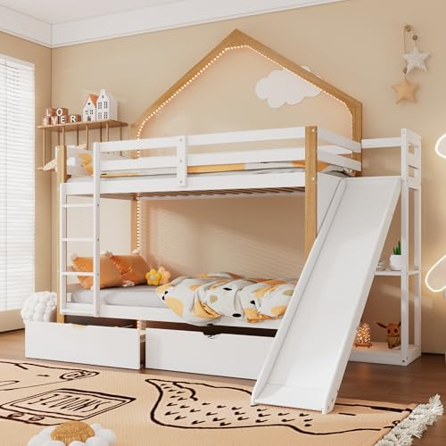 Ctastay Kinderbett Etagenbett 90x200 cm mit Rausfallschutz & LED- Licht, Bett Hochbett Holzbett mit Rutsche & Stauraum Schubladen, Jugendbett Familienbett mit Lattenrost, Weiß+Natur (Ohne Matratze)
