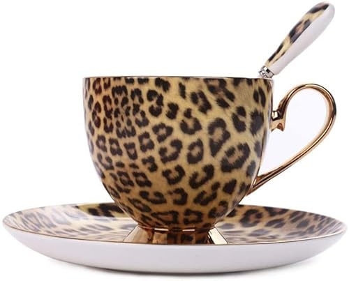 ASHSDI Afternoon Tea Cup Ceramic Mug, Classic Leopard Print Gold-Plated Coffee Cup with Saucer and Spoon, for Home Office Tea Cup, 6.76 Oz 200ml Espresso Cup Cappuccino Cup