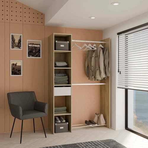 Dmora - Großer Kleiderschrank Adour, Schlafzimmermöbel, Schrank, Garderobe, 118x40 h183 cm, Eiche und Mattweiß