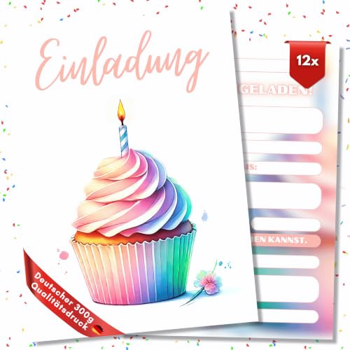 HIDEBLOOM Cupcake Einladungskarten Kindergeburtstag Mädchen I 12 Stück I DIN A6 (10,5 cm x 14,8 cm) I Einladungskarten Mädchen Geburtstag I Kinderparty I Geburtstagseinladungen Mädchen