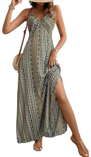 JENJON Donna Vestiti Scollo a V Elegante Senza Mance Stile Etnico Abito Bohème Casual Maxi Vestiti da Spiaggia Primavera Estate