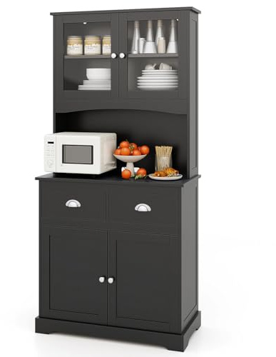 TANGZON Tall Kitchen Cupboard, 4 Door Storage Cabinet with 2 Adjustable Shelves, 2 Drawers, Countertop & Cable Hole, Freestanding Wooden Tall Sideboard Unit for Pantry Dining Living Room (Black)