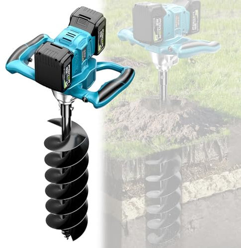 1200W Spiral Digger Fence, Electric Post Hole Digger, Drill Speed 350-850r/min, Double-Leaf 40/60/80/100/120/150mm Drill Bit, with 2 Batteries, 6 Adjustable Gears, for Installing Fence Posts