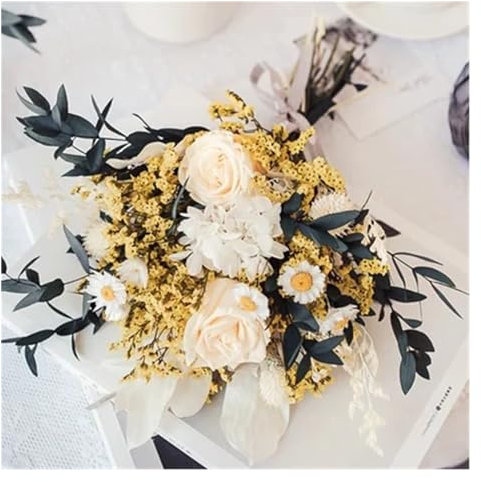 BTWYU Fleur Artificielle,Fleurs Bouquet de Fleurs artificielles séchées en Cristal, Roses et hortensias, for décoration de Mariage, de fête, de Festival ou de cérémonie (sans Vase)(Yellow No Vase)
