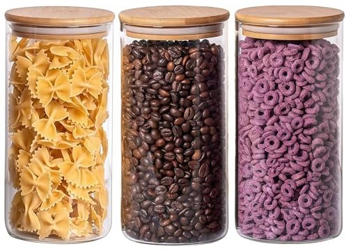 MEETOZ 950ml Set of 3 Glass Jars with Bamboo Lids,High Borosilicate Glass Transparent Airtight Food Storage Tank,Large Capacity Kitchen Food Containers for Spices,Coffee Beans,Oatmeal