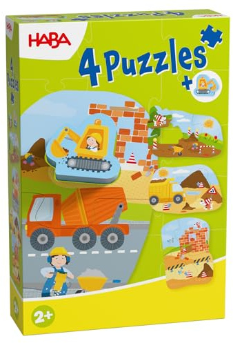 HABA 4 Erste Puzzles – Baustelle – Einstiegspuzzle für Kinder ab 2 Jahren mit Holzfigur, Betonmischer, Kipplaster & Bagger – 2012186003