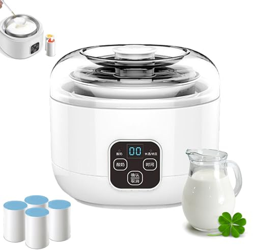 Yogurtera eléctrica – Control de temperatura y tiempo ajustable, forro de acero inoxidable, incluye 4 tazas, fermentador automático de 1 litro para uso doméstico y cafetería