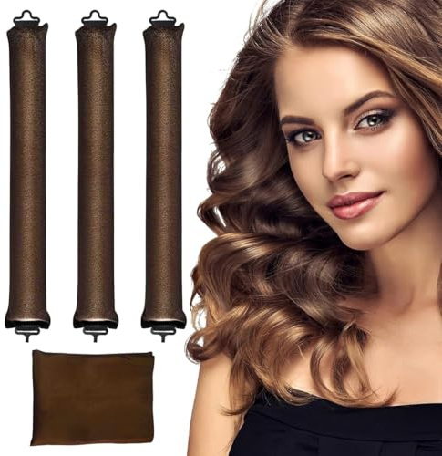 Lot de 4 Bigoudis Cheveux Sans Chaleur,Bigoudis pour la Nuit pour Dormir, Bigoudis Flexible avec Crochet, Rouleau Cheveux,DIY Curling Tool pour Cheveux Longs Moyens et Courts, Marron
