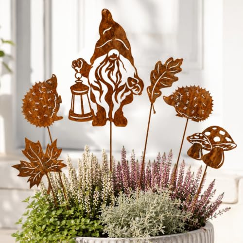 Terma Stahldesign Rost Gartenstecker 6er Set Zwerg Wichtel Igel Blätter Pilz Gartendeko Metall Figuren Made in Germany Outdoor Herbstdeko Rostfiguren Tiere Vintage