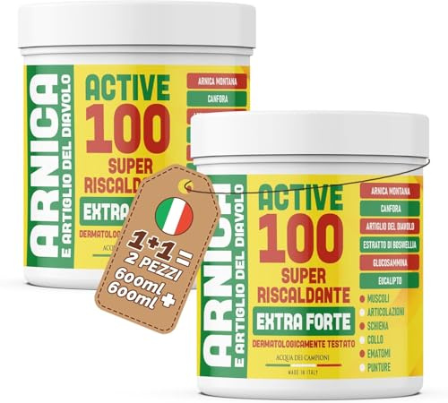 Active 100 Arnica Forte e Artiglio del Diavolo Extra Forte 2x600ml Crema Riscaldante per Disturbi Articolari, Muscolari e Collo Made In Italy