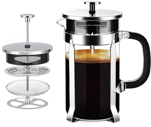 Cafetera Prensa Francesa de Vidrio Resistente al Calor con Filtro Fácil de Limpiar, Prensa Francesa para Café y Té, Diseño Multifuncional Ideal para el Hogar, Viajes y Camping (350, Mililitros)