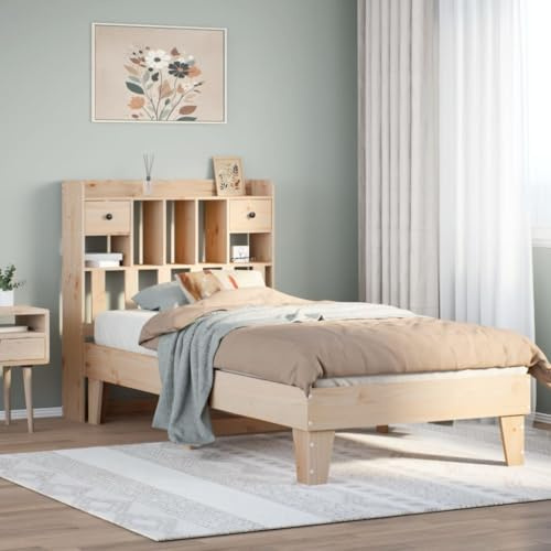 Kaloriko Massivholzbett 90x200 Kiefernholz, unbehandeltes Bettgestell mit Lattenrost, 3 Fächern, 2 Schubladen, Stauraum unter der Liegefläche, für Schlafzimmer, langlebig