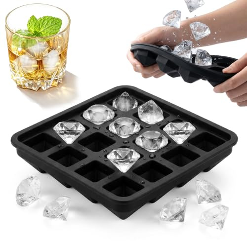 JIEBYTUY Stampi per cubetti di ghiaccio in silicone, a forma di diamante con 16 cavità e coperchio ermetico, in materiale alimentare, per raffreddare whisky, cocktail e bevande
