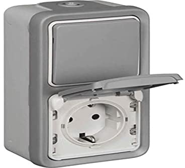 LEGRAND, Plexo Classic Feuchtraum-Aufputz-Universal Aus-/Wechselschalter, 1-polig + Schutzkontakt-Steckdose (SL), vertikal, IP55 - IK07, grau, 069746