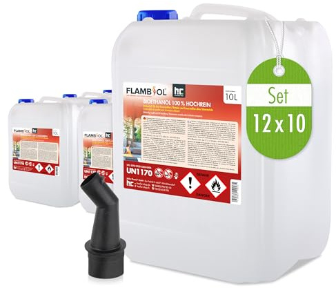 Höfer Chemie 120 L FLAMBIOL® Bioethanol 100% Hochrein (12 x 10 L) für | Ethanol Kamin, Ethanol Feuerstelle, Tischfeuer und Bioethanol Kamin