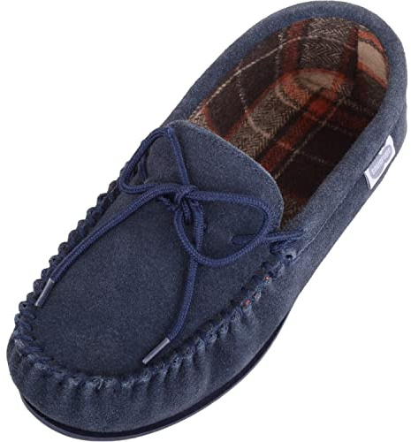 SNUGRUGS George Mens Suede Moccasin with Checked Cotton Inner, Rubber Sole, Navy, UK 8
