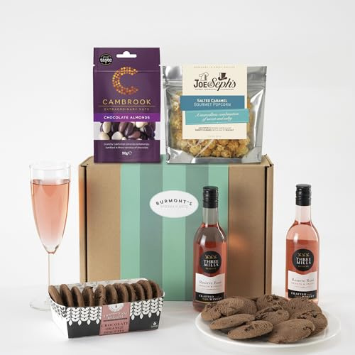 Burmont's Rose Wine & Chocolate Gift Hamper - Two Small Rose Wines, Joe & Seph's Popcorn, Cambrook Chocolate Almonds & Premium Choc Chip Biscuits - Hamper Exclusive To Burmont's