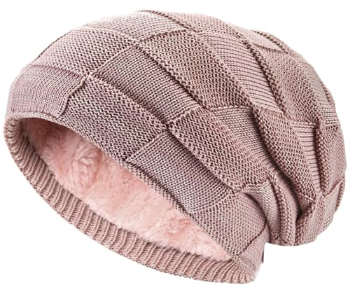 Hatstar Warme gefütterte Beanie Mütze Wintermütze Strickmütze Flechtmuster mit Fleece Innenfutter (Altrose´)