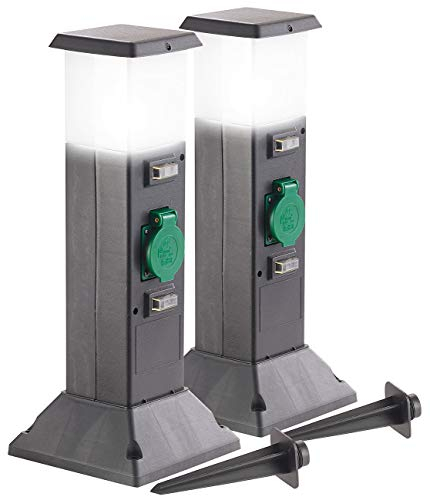 Royal Gardineer Energiesäule Garten: 2er-Set 2-fach-Garten-Steckdosen mit Beleuchtung, IP44 (Energiesäule Garten mit Licht, Energiesäule Garten mit Schalter, Wegeleuchten)