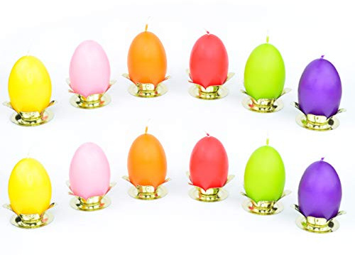 Meissner-Handel Auswahl * 12 Stück Eierkerzen Dekoeier Kerze Osterei Osterdeko * farbig Sortiert * inkl. Kerzenständer aus Metall * 4,5 x 6,5 cm * Auswahl Menge