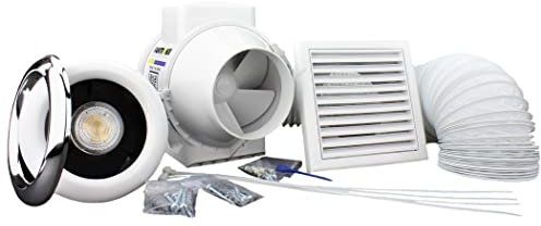 Complete Shower Fan Bathroom Kit 100mm (4 inch) dia Led Light Chrome & White Bezel with Run On Timer Steam Damp Condensation Control Low Noise Bathroom Toilet En-Suite 4.6w MR 16 4000k 12v Angle Light