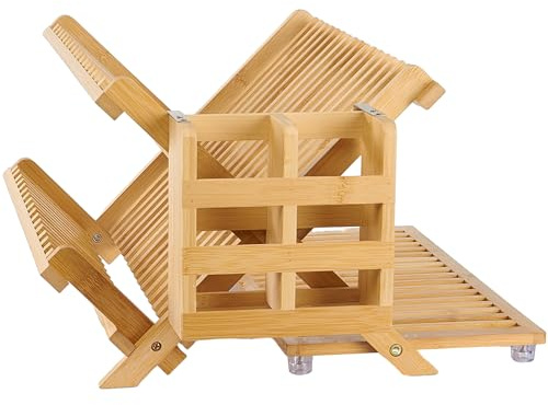 NOVAYEAH Bamboo Dish Drying Rack with Utensil Holder, Collapsible Wooden Dish Drainer Rack, 3-Tier Large Folding Drying Holder for Kitchen Counter 51 pcs Grid