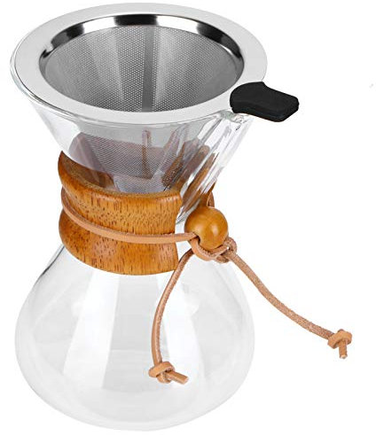 HERCHR Pour Over Glass Coffee Maker, Glass Coffee Dripper Reusable Pot Brewer with Stainless Steel Filter and Wood Sleeve for Home Travel(600ml)