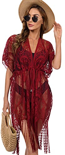 Cache Maillot Dentelle Frange Femme Plage Veste Kimono Plage Long Femme Cache-Maillots Bikini Swimsuit Cover Up Coverup Cardigan Plage Mousseline Cover Ups Grande Taille Chemisier Cache-Maillot Rouge