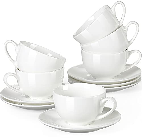 LOVECASA Serie Sweet Servizio da Caffè in Porcellana per 6 Persone, Set da 12, 6 Tazza da Cappuccino e 6 Piattini, 230 ML, Bianco