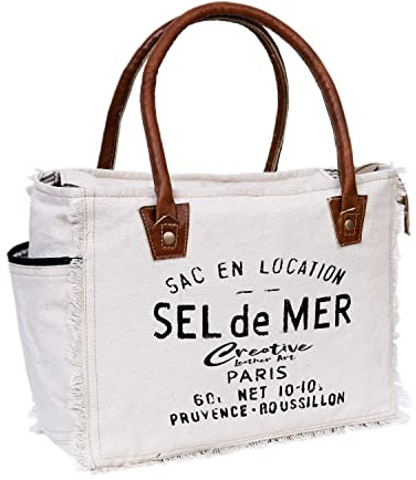 CLA Bags Sel De Mer Sac fourre-tout en toile et cuir de vache recyclés, ecru, 13 Inch, Sac à main