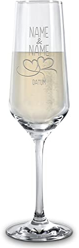 Sekt-Glas mit Gravur - Herzen - mit Namen & Datum selbst gestalten - Sektkelch graviert für Paare, Geschenk Valentinstag, Hochzeit, Weihnachten