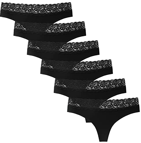 INNERSY Tanga Damen Sexy Spitze Baumwoll String Schwarz Hipster Pantys Bequeme Thong 6er Pack (M, 6 Schwarz mit Spitzenbund)