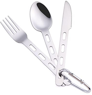 3-Piece 430 Stainless Steel Camping Cutlery Set with Carabiner | Reusable, Dishwasher-safe Knife, Fork & Spoon Clip Neatly Together for Hiking, Picnics, Office Lunches & Travel