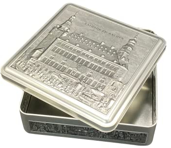 MediMuc Aachen Dose - wunderschöne Aufbewahrungsdose mit Motiv Rathaus zu Aachen - lebensmittelecht - Keksdose - Maße: (Länge x Breite x Höhe): 20 x 20 x 5,4cm - Volumen ca. 2,1L