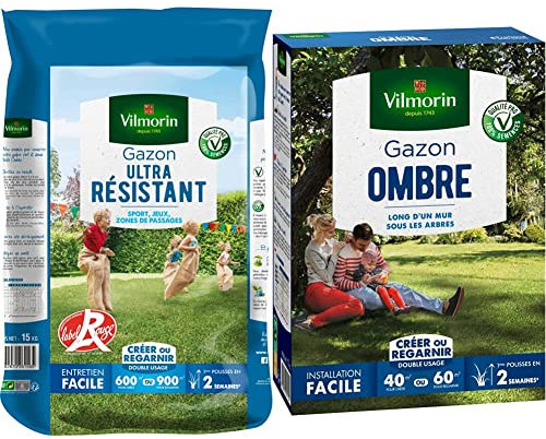 Vilmorin 4462418 Gazon Ultra Résistant, Vert, 15 kg & 4466514 Gazon Ombre, Vert, 1 kg