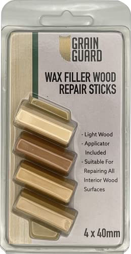 GRAIN GUARD Wax Filler Wood Repair Sticks | Light Wood | Furniture Repair Kit | Multi-Surface: Wood, Plastic, Hard Surfaces | Blend to Colour Match | 4x40mm