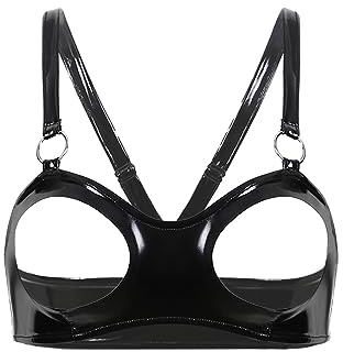 JEATHA Soutien-Gorge Push Up Femme en Cuir Verni Soutien-Gorge Wetlook Lingerie Erotique Brassière Bra Ouvert S-4XL Noir B 4XL