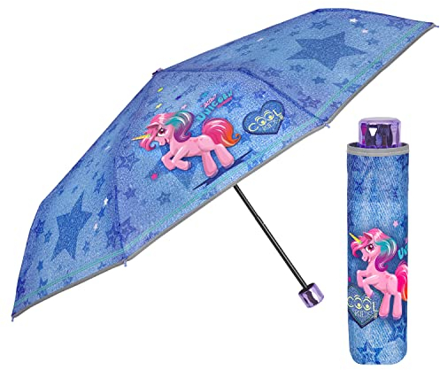PERLETTI Einhorn Kinder Regenschirm Mädchen - Blau Unicorn Taschenschirm Minischirm Kinderschirm - Regenschirm Klein Windfest mit Reflektierendem Rand Kinder 7+ Jahren - Durchmesser 91 cm (Denim)