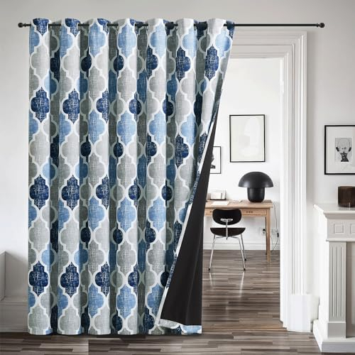 Beauoop 100% Blackout Curtains 96 Inches Long for Patio Sliding Door Blue Grey Extra Wide Moroccan Geo Room Darkening Thermal Soundproof Room Divider Grommet Window Treatment Drapes,100x96 Set of 1