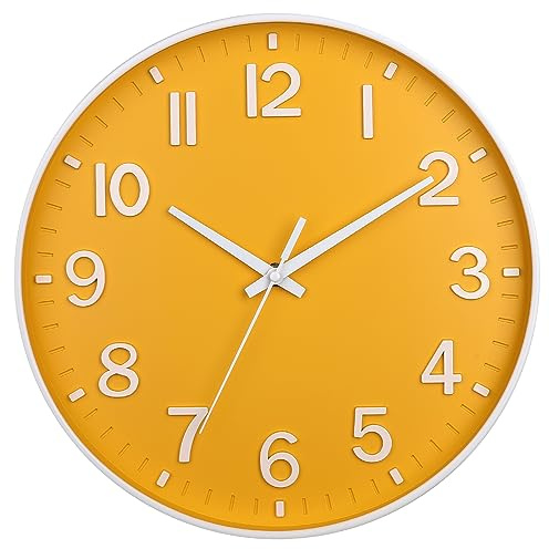 HZDHCLH 30cm Lautlos Wanduhr Schleichende Sekunde mit Arabisch Ziffer | ohne Ticken für Dekoration Wohnzimmer, Küche, Büro, Schlafzimmer (Gelb)