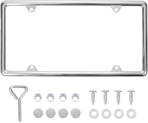 Hanwell Products Chrom-Kennzeichenrahmen aus Zinklegierung, universelles Autozubehör, 1 Packung Nummernschildhalter, rostet Nicht und unzerbrechlich, mit Metallschrauben, Chromkappen und