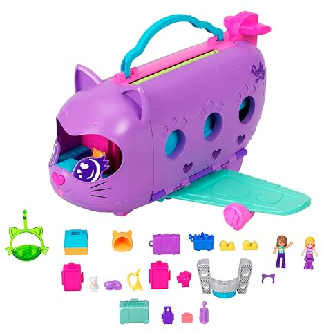 Polly Pocket - Aereo Gattino, playset da viaggio con 2 micro bambole, palco rotante e cucciolo di gatto, 19 accessori inclusi, giocattolo per bambini, 4+ anni, HWP19