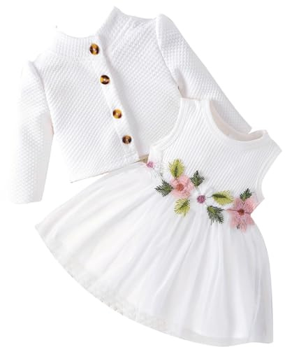 Odizli Baby Kleid M�dchen �rmellos Blume Sommerkleid + Cardigan Erster 1. Geburtstag Outfit Neugeborene Erstausstattung Babysachen Set Herbst Babykleidung Taufkleid Fotoshooting Wei� 6-9 Monate