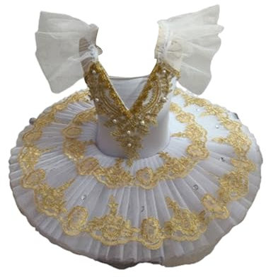 FGRID Mädchen-Ballerina-Schwanensee-Kostüm, LED-Rüschenärmel-Trikot-Tutu-Ballettkleid, professionelles Perlen-Schwan-Ballerina-Kleid,Weiß,170