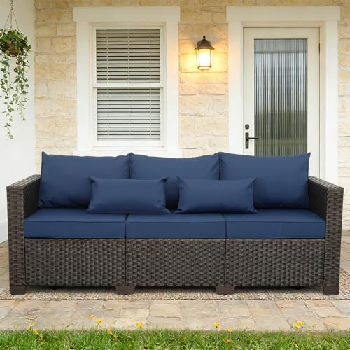 Rattan Star Patio Furniture Outdoor Couch 3 Seater Sofa Outdoor Brown Wicker Sofa Deep Seat High Backrest Patio Couch with Non-Slip Cushions and Waterproof Cover, Navy Blue