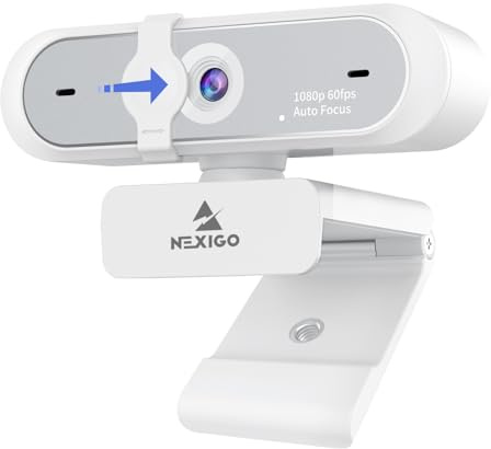 NexiGo Webcam N660P (Gen 2) 1080p 60 fps avec contrôle logiciel, double microphone et housse, autofocus, caméra Web HD USB pour ordinateur, pour OBS/Zoom/Skype/FaceTime/Teams/Twitch, blanc