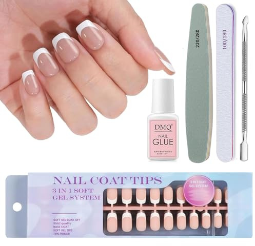 French False Nails, 300Pcs Square Press On Nails Short, Nude Color X-coat Tips Fake Nails with Glue, Full Cover Glue on Nail for Women French White Tip Nail Art - 15 Sizes