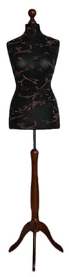 LUSORIA Schneiderpuppe, Schneiderbüste weiblich Schwarz - braune Blumen/dunkelbraunes Dreibein (L 40/42)