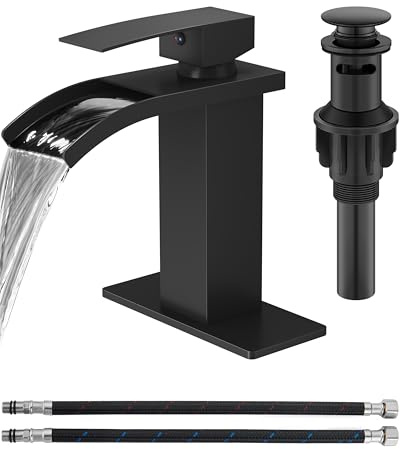 GBBNE Waterfall Bathroom Faucet 1 Hole, Single Hole Bathroom Faucet, Single Handle Vanity Sink Faucet with Deck Plate, Pop-up Drain & Supply Lines, Matte Black