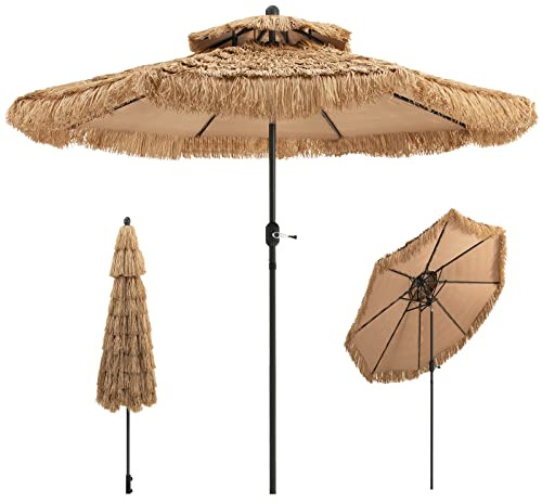 KOMFOTTEU 2,7m Hawaii Sonnenschirm, Strohschirm Sonnenschutz, Bastschirm knickbar, Strandschirm mit Doppeldach, Terrassenschirm Marktschirm für Balkon, Strand